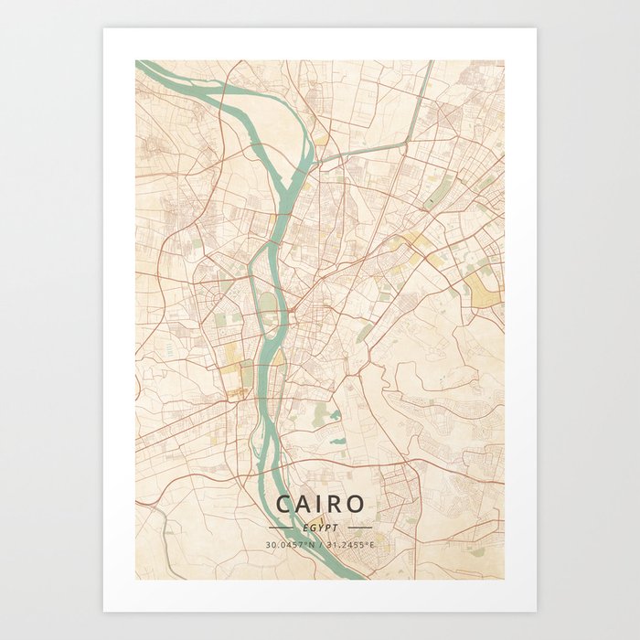 Cairo, Egypt - Vintage Map Art Print