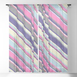 [ Thumbnail: Colorful Hot Pink, Gray, Dark Slate Blue, Light Yellow, and Light Blue Colored Stripes/Lines Pattern Sheer Curtain ]