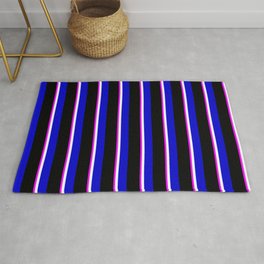 [ Thumbnail: Fuchsia, White, Blue, and Black Colored Lines Pattern Rug ]