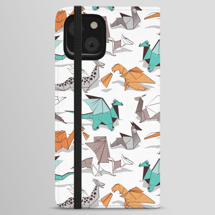 Origami dragon friends // white background aqua orange grey and taupe fantastic creatures iPhone Wallet Case