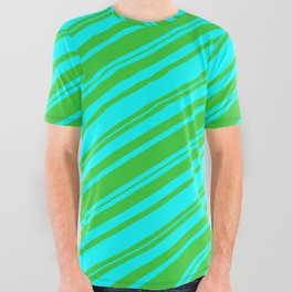 [ Thumbnail: Lime Green & Cyan Colored Stripes Pattern All Over Graphic Tee ]