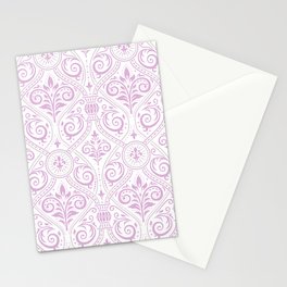 Art Nouveau Rose Pink & White Damask Scroll Stationery Card