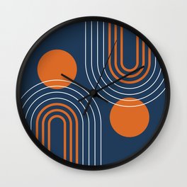 Mid Century Modern Geometric 111 in Navy Blue and Vintage Orange (Rainbow and Sun Abstraction) Wall Clock | Zen, Midcentury, Modern, Line, Yoga, Classy, Navyblue, Fullmoon, Trendy, Pattern 