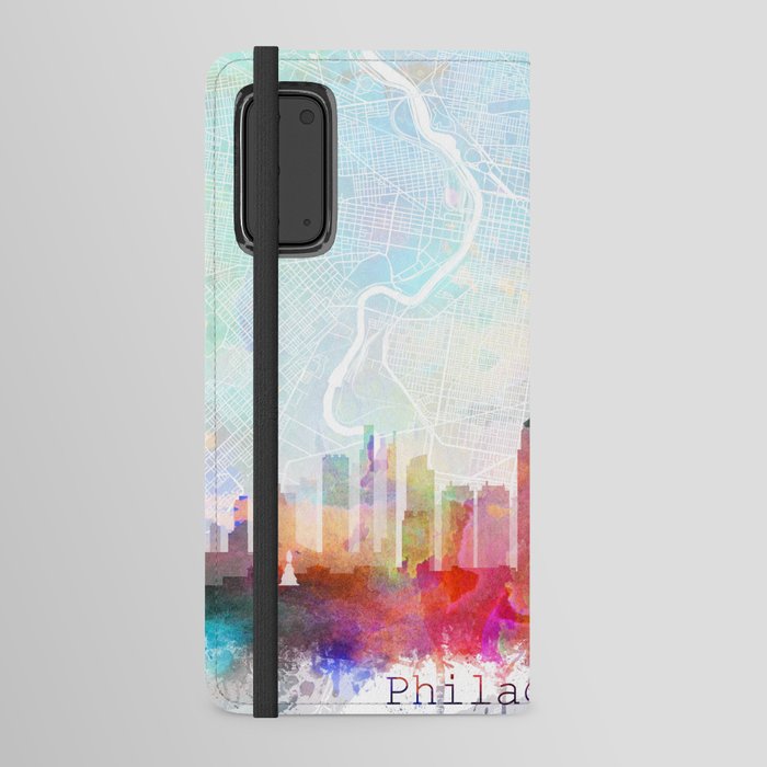 Philadelphia Skyline Map Watercolor, Print by Zouzounio Art Android Wallet Case