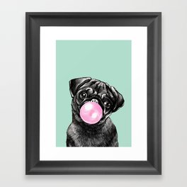 Bubble Gum Black Pug in Green Framed Art Print