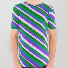 [ Thumbnail: Purple, Lavender, Green, and Dark Cyan Colored Striped/Lined Pattern All Over Graphic Tee ]