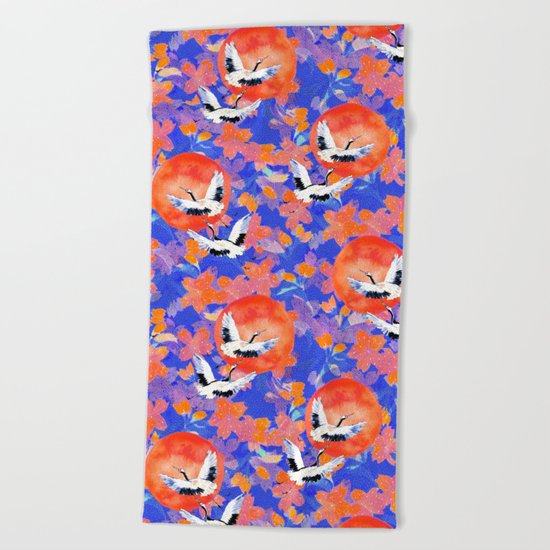 Japanese Garden: Cranes, Sun and Blossoms LT Beach Towel