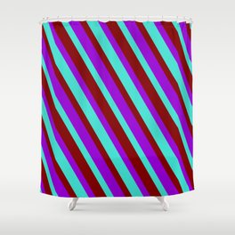 [ Thumbnail: Dark Violet, Turquoise & Maroon Colored Lines/Stripes Pattern Shower Curtain ]