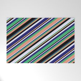[ Thumbnail: Eyecatching Sea Green, Dark Salmon, Black, Lavender & Midnight Blue Colored Lines/Stripes Pattern Welcome Mat ]