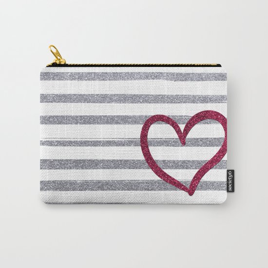 Red Heart on Shiny Silver Stripes Carry-All Pouch