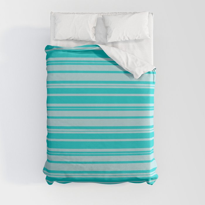 Dark Turquoise and Powder Blue Colored Striped Pattern Duvet Cover