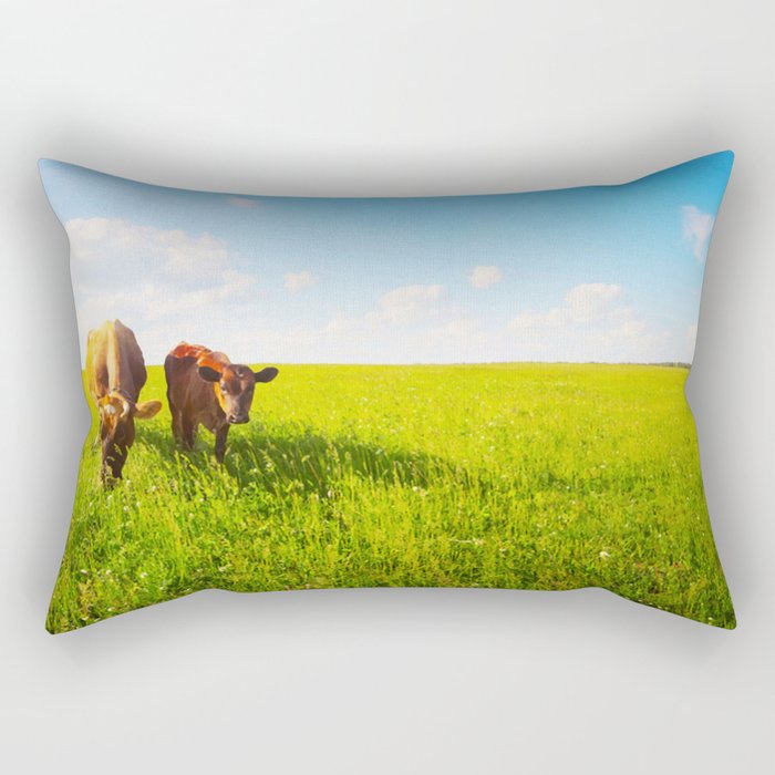 Two Cows Baby Mother Grazing On Rectangular Pillow