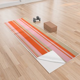 [ Thumbnail: Red, Light Pink, and Tan Colored Lined/Striped Pattern Yoga Towel ]