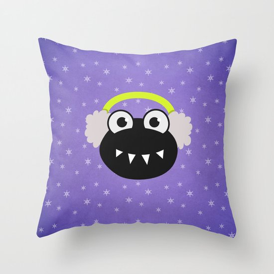 Purple Cute Cartoon Bug With Earflaps In Winter Throw Pillow