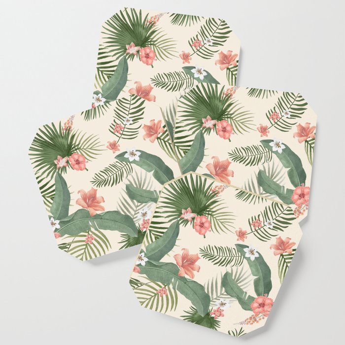 Tropical Coral Flower & Leaf Pattern Coaster