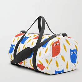 Autumn Orange and Blue Owl and Yellow Leaves on a White Background pattern Duffle Bag