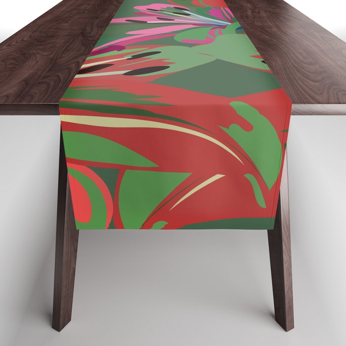 Lily - Pink and Red Floral Bouquet Art Pattern on Green Table Runner