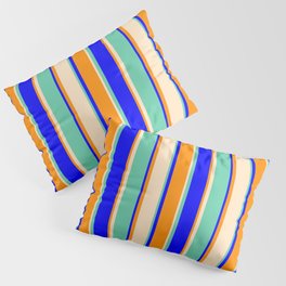 [ Thumbnail: Dark Orange, Bisque, Aquamarine, and Blue Colored Lined/Striped Pattern Pillow Sham ]