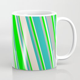[ Thumbnail: Beige, Lime, Dark Gray, and Light Sea Green Colored Pattern of Stripes Coffee Mug ]