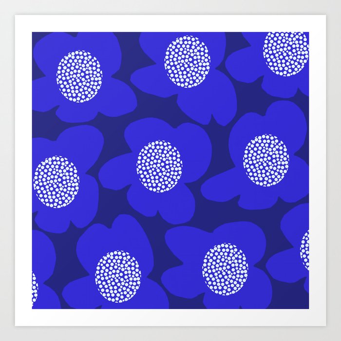 Large Purple Blue Retro Flowers White Spotted Center Dark Blue Background #decor #society6 #buyart Art Print