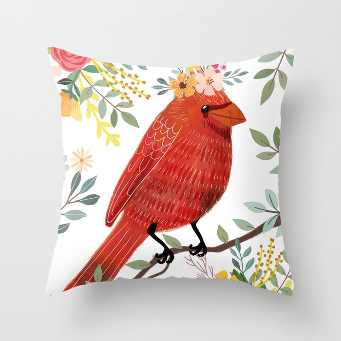 Red Bird with Floral Crown Throw Pillow