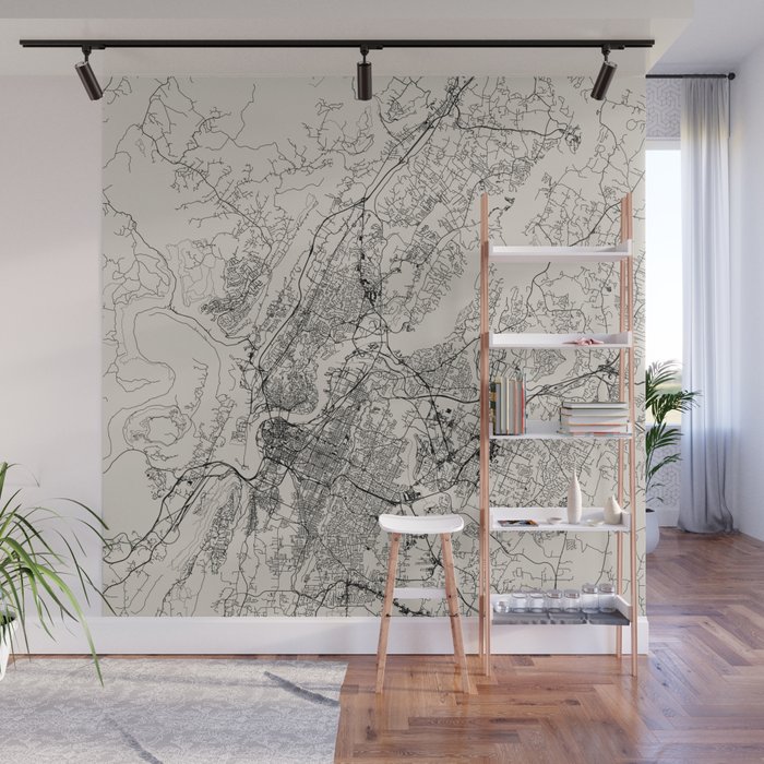 USA, Chattanooga Black&White Map Wall Mural by Lonely Cartographer Society6