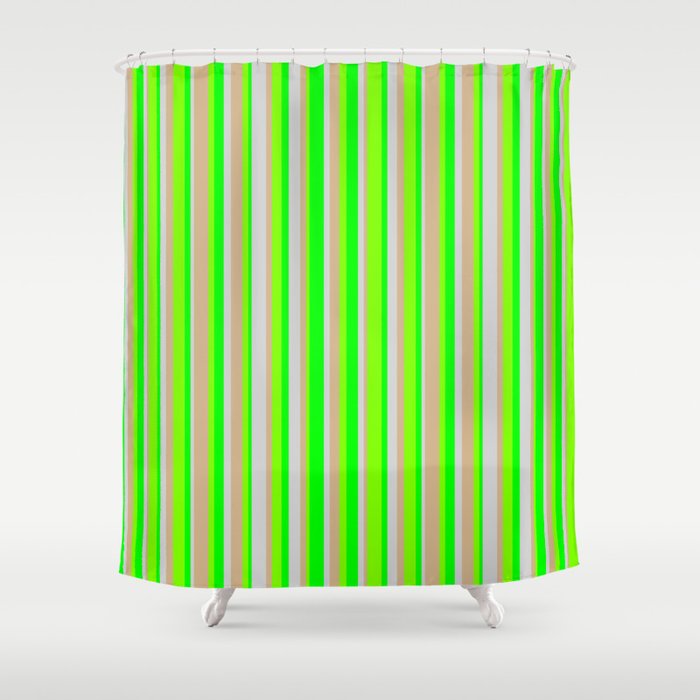 Tan, Chartreuse, Lime & Light Grey Colored Striped/Lined Pattern Shower Curtain