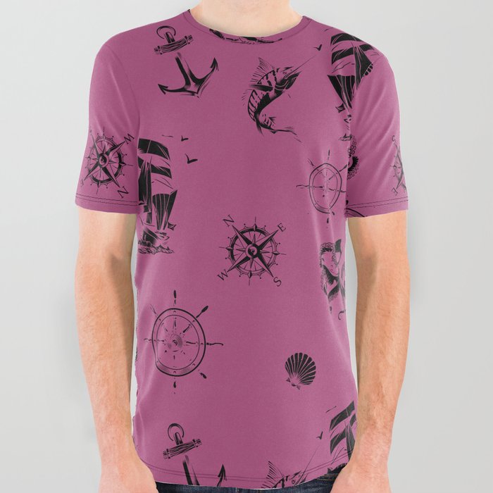 Magenta And Black Silhouettes Of Vintage Nautical Pattern All Over Graphic Tee