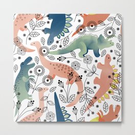 Dinos in the Garden Metal Print | Green, Brachiosaurus, Dinosaur, Triceratops, Watercolor, Flowers, Stegasaurus, Pink, Pattern, Blackandwhite 