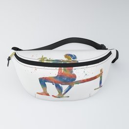 Woman practices gymnastics in watercolor Fanny Pack