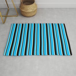 [ Thumbnail: Deep Sky Blue, Black, and Light Yellow Colored Lines Pattern Rug ]
