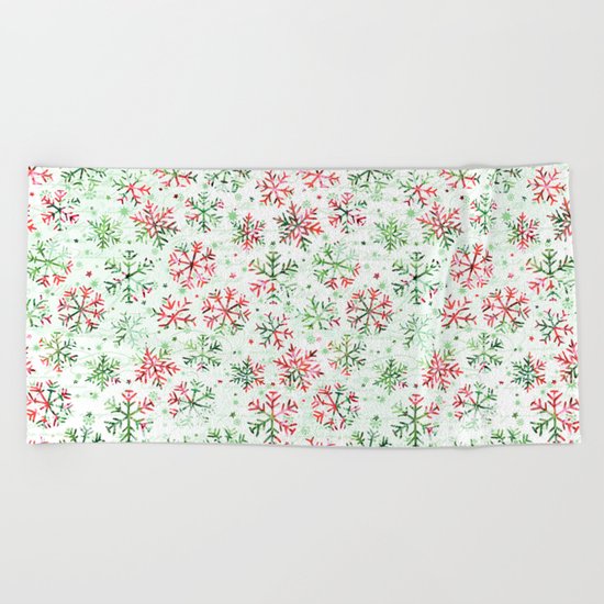 Red Green Snowflakes Beach Towel