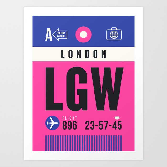 Luggage Tag A - LGW London England UK Kunstdrucke | Graphic-design, Airline, Luggage, Tag, Flughafen, 60s, 70s, Retro, Boarding, Pass