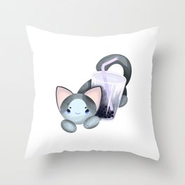 Sesame Taro Earl Grey Milk Tea Boba Cat Throw Pillow