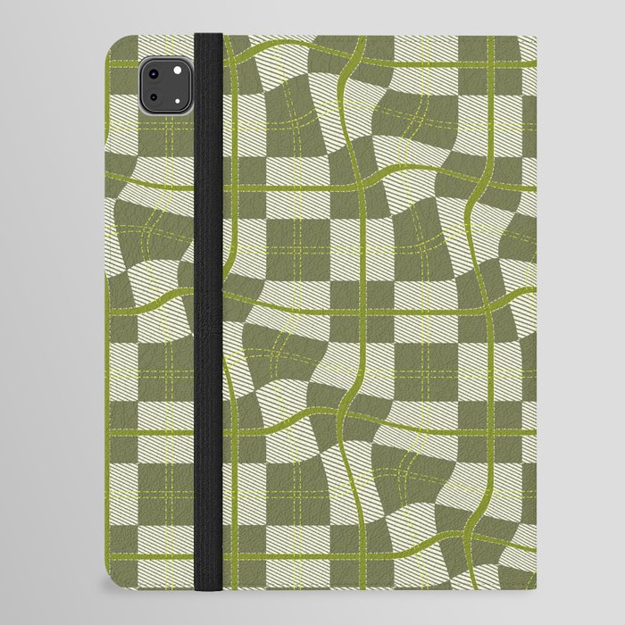 Warped Checkerboard Grid Illustration Olive Garden Green iPad Folio Case