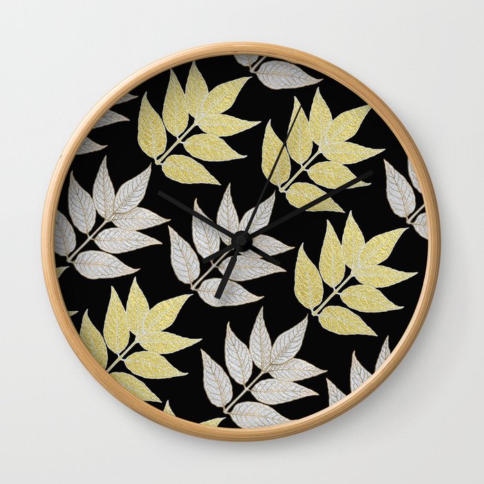 Silver & Gold Leaves On Black Wall Clock