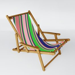 [ Thumbnail: Lime Green, Light Pink, Light Coral & Midnight Blue Colored Lines/Stripes Pattern Sling Chair ]