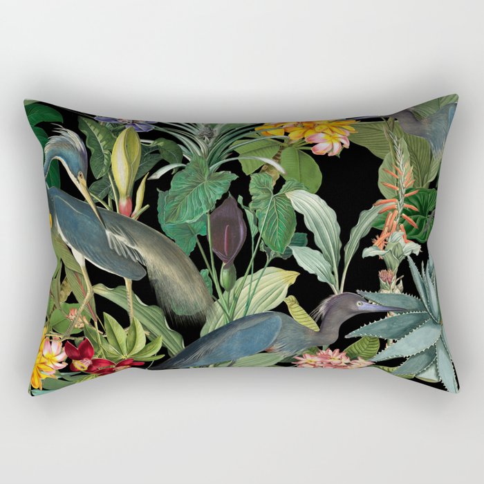 Vintage & Shabby Chic - Midnight Tropical Garden Blue Heron Rectangular Pillow