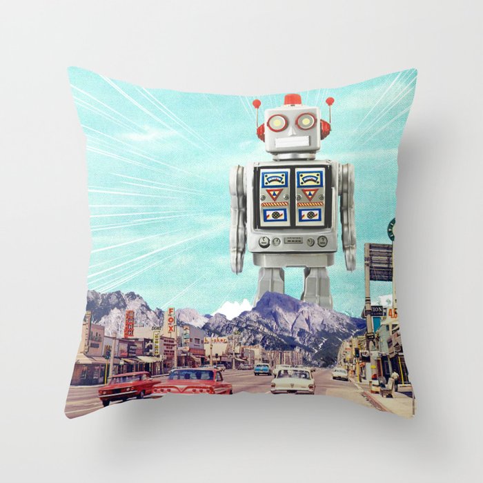 Robot in Town Throw Pillow