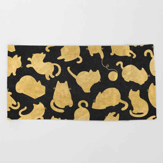Gold on Black Kitty Pattern Beach Towel