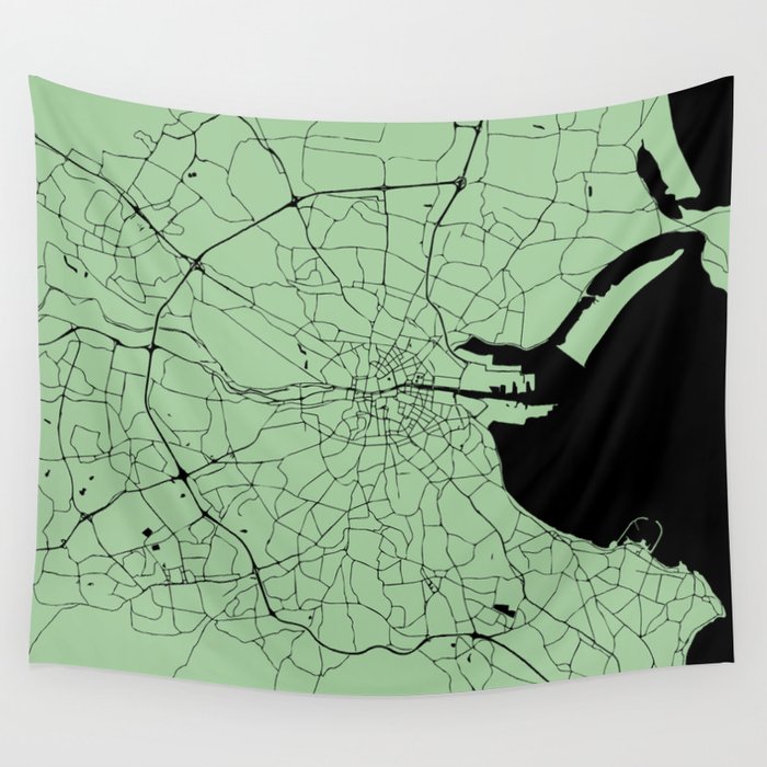 Dublin Ireland Green on Black Street Map Wall Tapestry