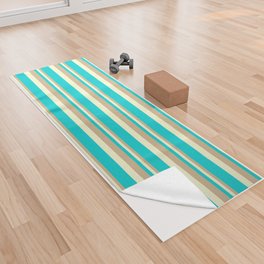 [ Thumbnail: Tan, Light Yellow, and Dark Turquoise Colored Lined Pattern Yoga Towel ]
