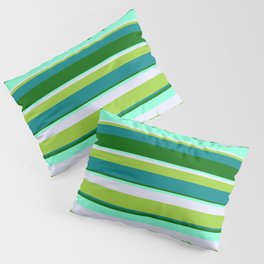 [ Thumbnail: Eyecatching Green, Teal, Dark Green, Aquamarine & Lavender Colored Striped/Lined Pattern Pillow Sham ]