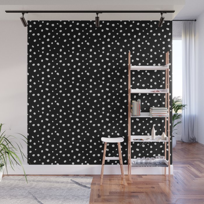 Hand-Drawn Dots – White on Black Wall Mural