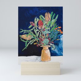 Yellow and Red Australian Wildflower Bouquet in Pottery Vase on Navy, Original Still Life Painting Mini Art Print
