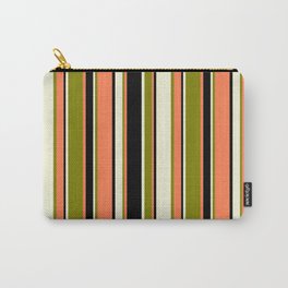 [ Thumbnail: Beige, Green, Coral & Black Colored Stripes Pattern Carry-All Pouch ]