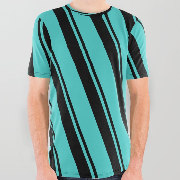 Black & Turquoise Colored Lines/Stripes Pattern All Over Graphic Tee