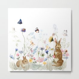 Scandinavian Flowers Easter Bunny Meadow Metal Print