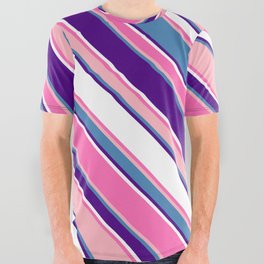 [ Thumbnail: Colorful Hot Pink, Light Pink, Blue, Indigo & White Colored Stripes Pattern All Over Graphic Tee ]