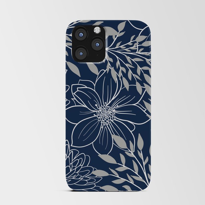 Festive, Floral Prints and Leaves, Line Art, Navy Blue and Gray iPhone Card Case